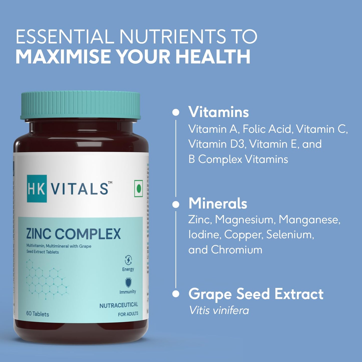HK Vitals Zinc Supplements with Vitamin C, Vitamin D3, Multivitamin and Multimineral - HK Vitals