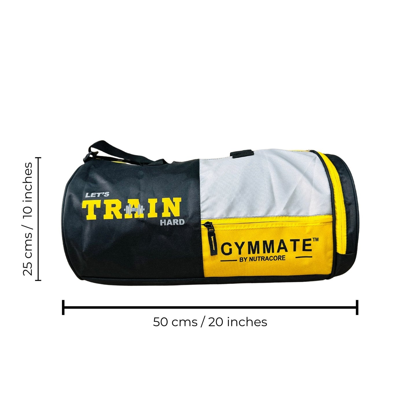 Gymmate Premium Polyester 25cm Gym Bag with Shoe Compartment, Black, Grey & Yellow - GYMMATE