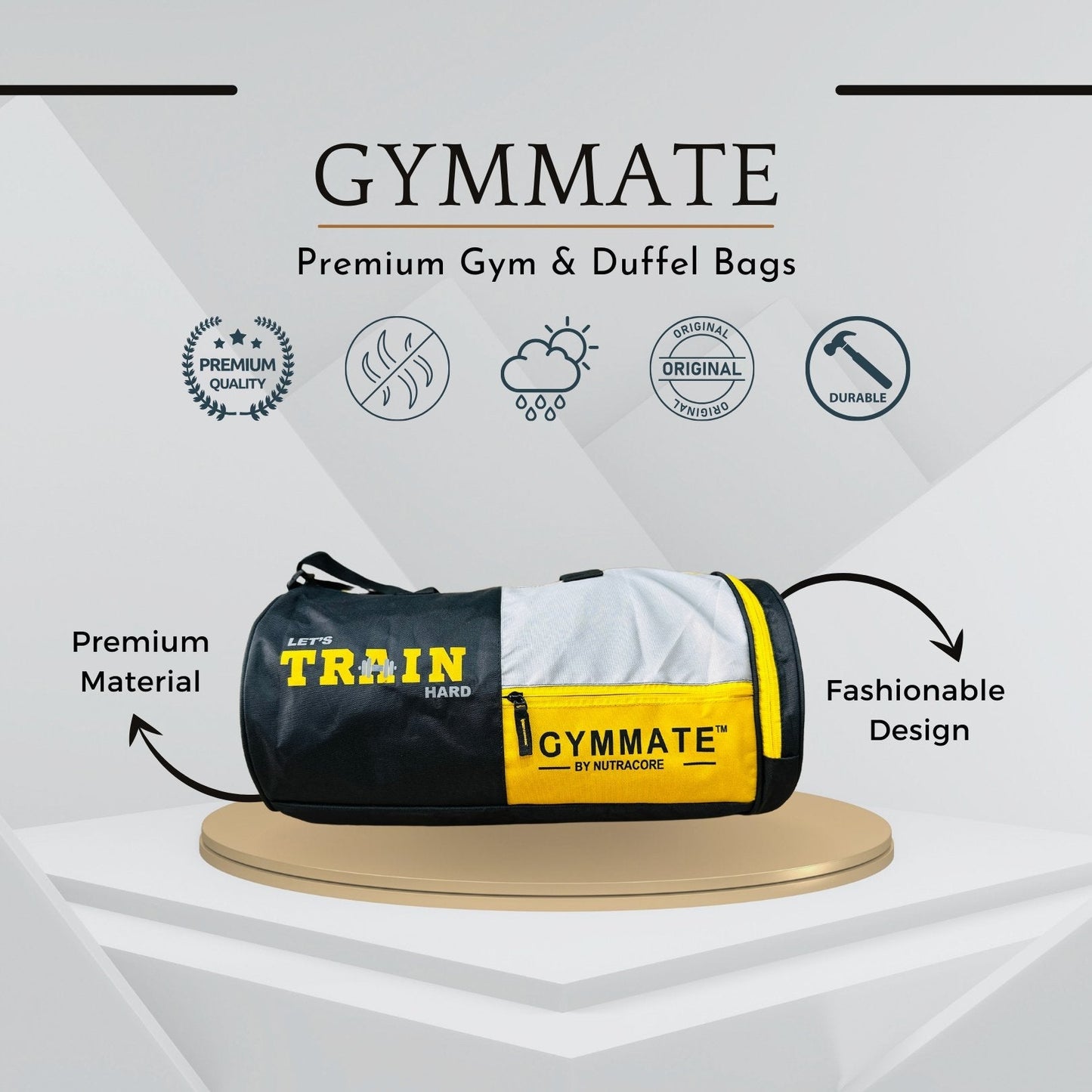 Gymmate Premium Polyester 25cm Gym Bag with Shoe Compartment, Black, Grey & Yellow - GYMMATE