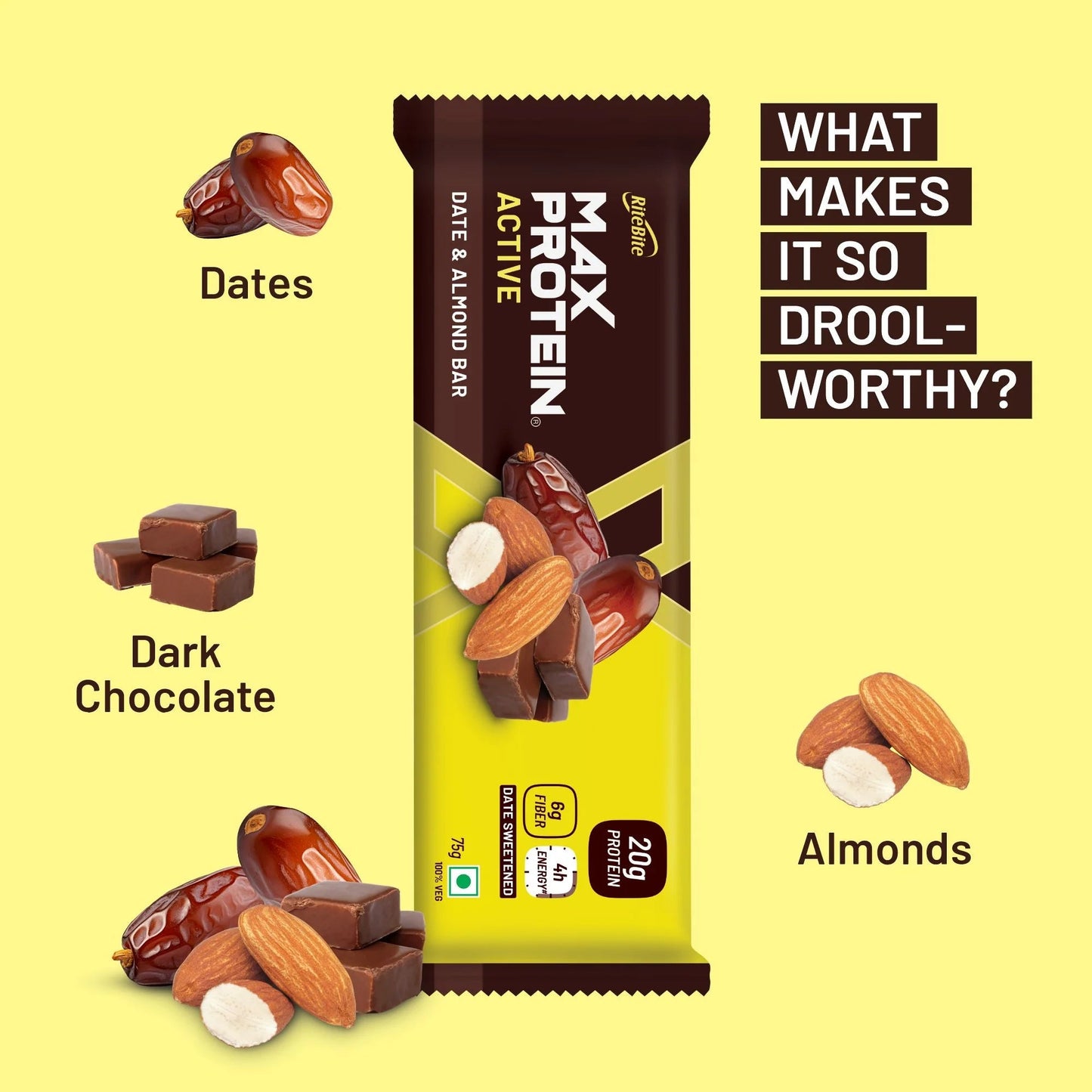 Max Protein Active Protein Bar - Date and Almond - 20G Protein - RiteBite