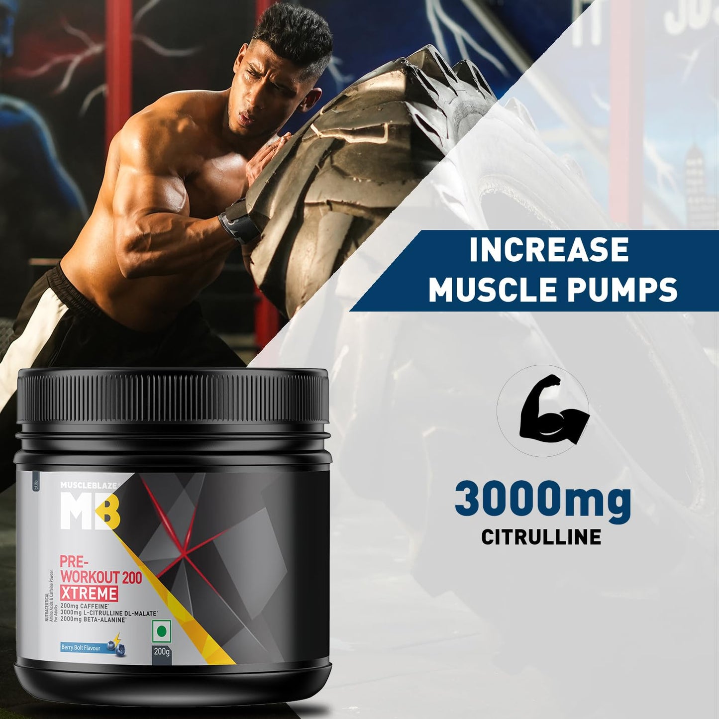 MuscleBlaze Pre Workout 200 Xtreme, Berry Bolt, 60 Servings, 200G - Muscleblaze
