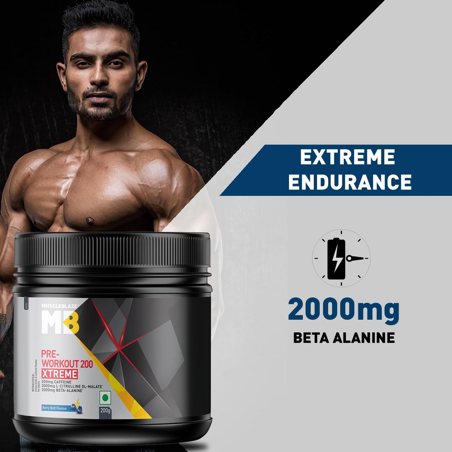 MuscleBlaze Pre Workout 200 Xtreme, Berry Bolt, 60 Servings, 200G - Muscleblaze