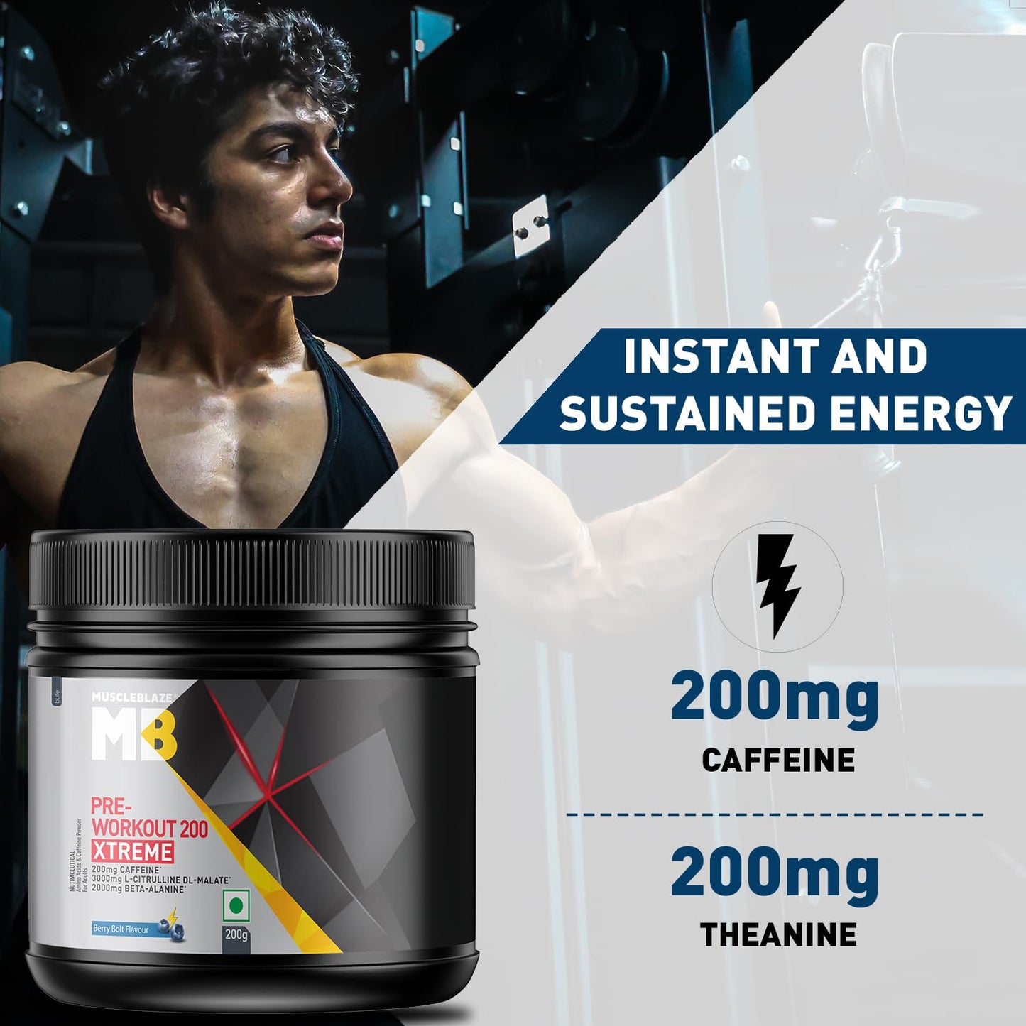 MuscleBlaze Pre Workout 200 Xtreme, Berry Bolt, 60 Servings, 200G - Muscleblaze