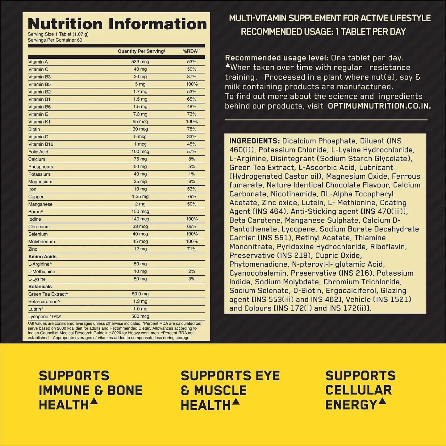 ON Multivitamin for MEN - 60 Tablets, 26 Vitamins & Minerals, Amino Acids & Anti - Oxidants - Optimum Nutrition