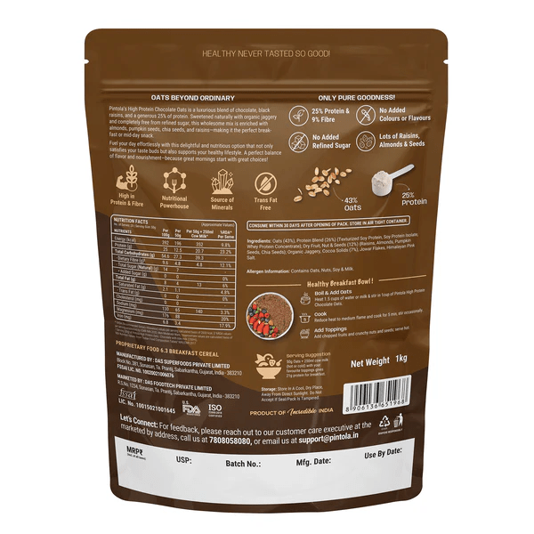 Pintola High Protein Dark Chocolate Oats, 1KG - Pintola