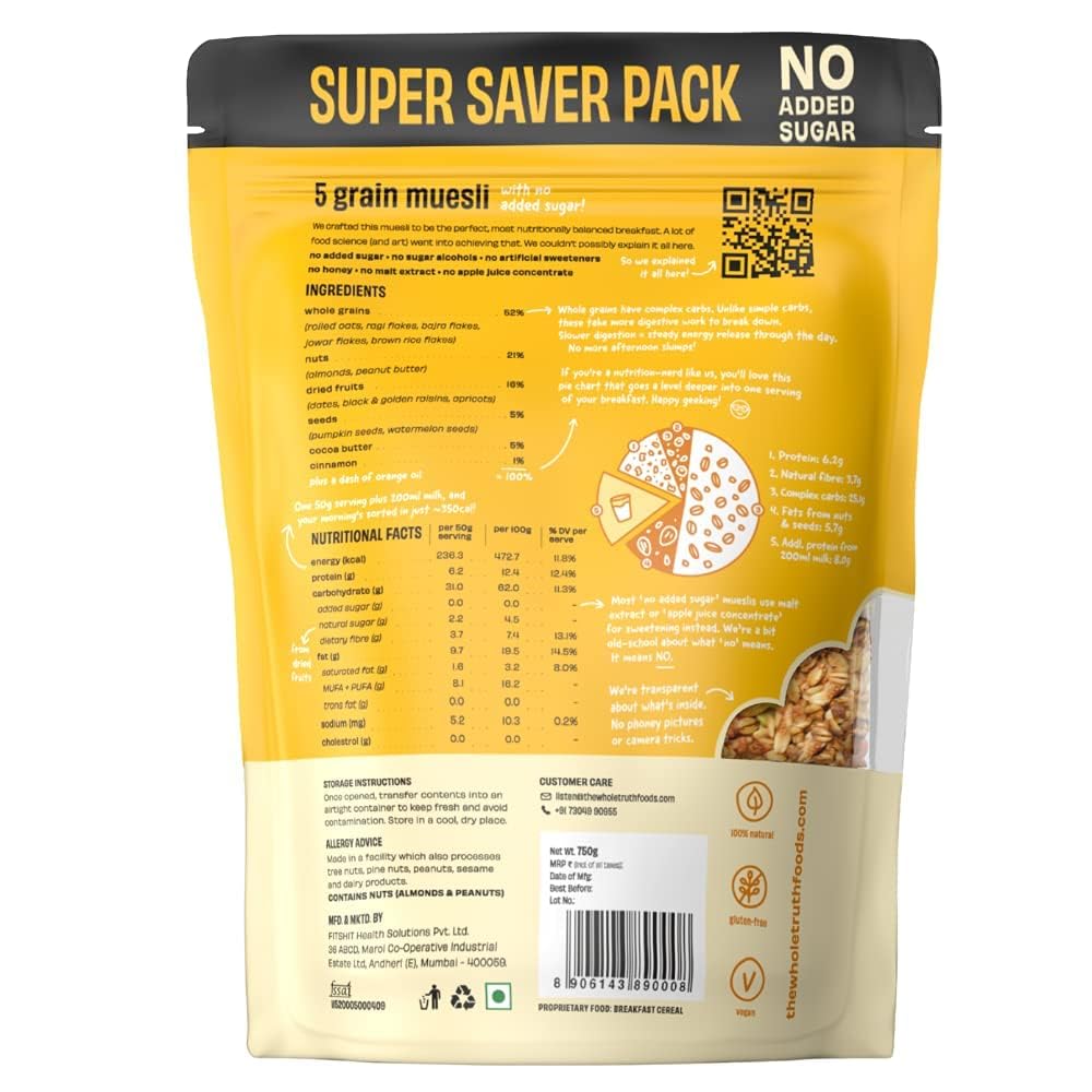 The Whole Truth - Muesli - 5 Grain Muesli - 750 grams - No Added Sugar - The Whole Truth