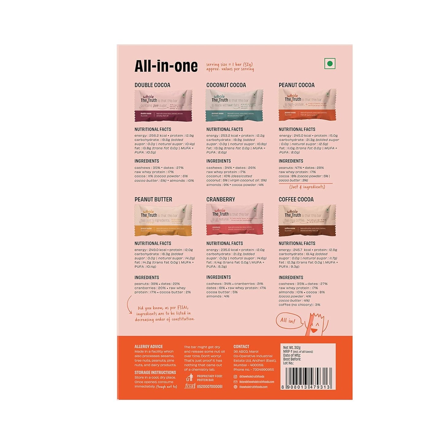 The Whole Truth - Protein Bars All - in - One Pack of 6 x 52 g each - The Whole Truth