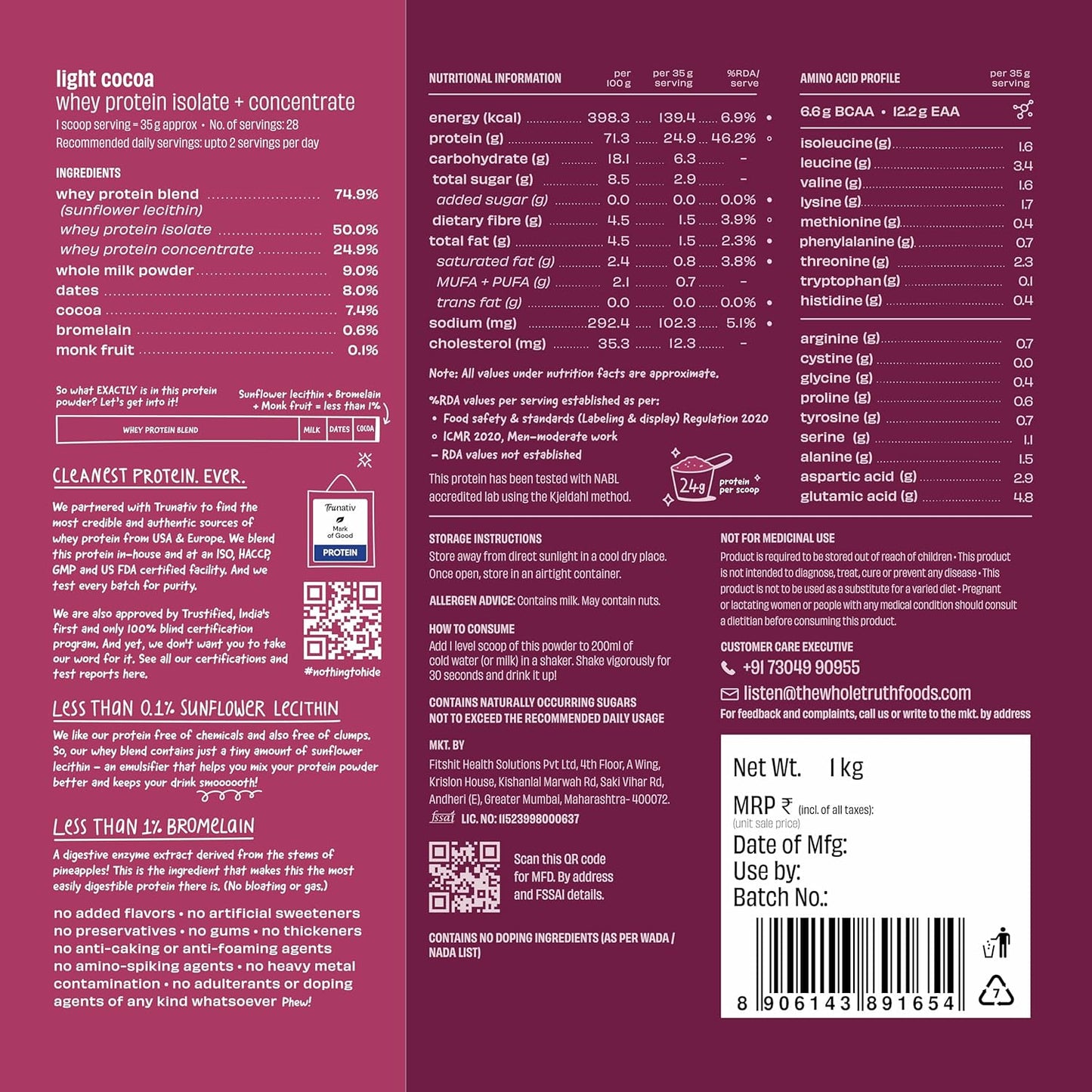 The Whole Truth Whey Protein Isolate + Concentrate 1 kg - 24G Protein - The Whole Truth