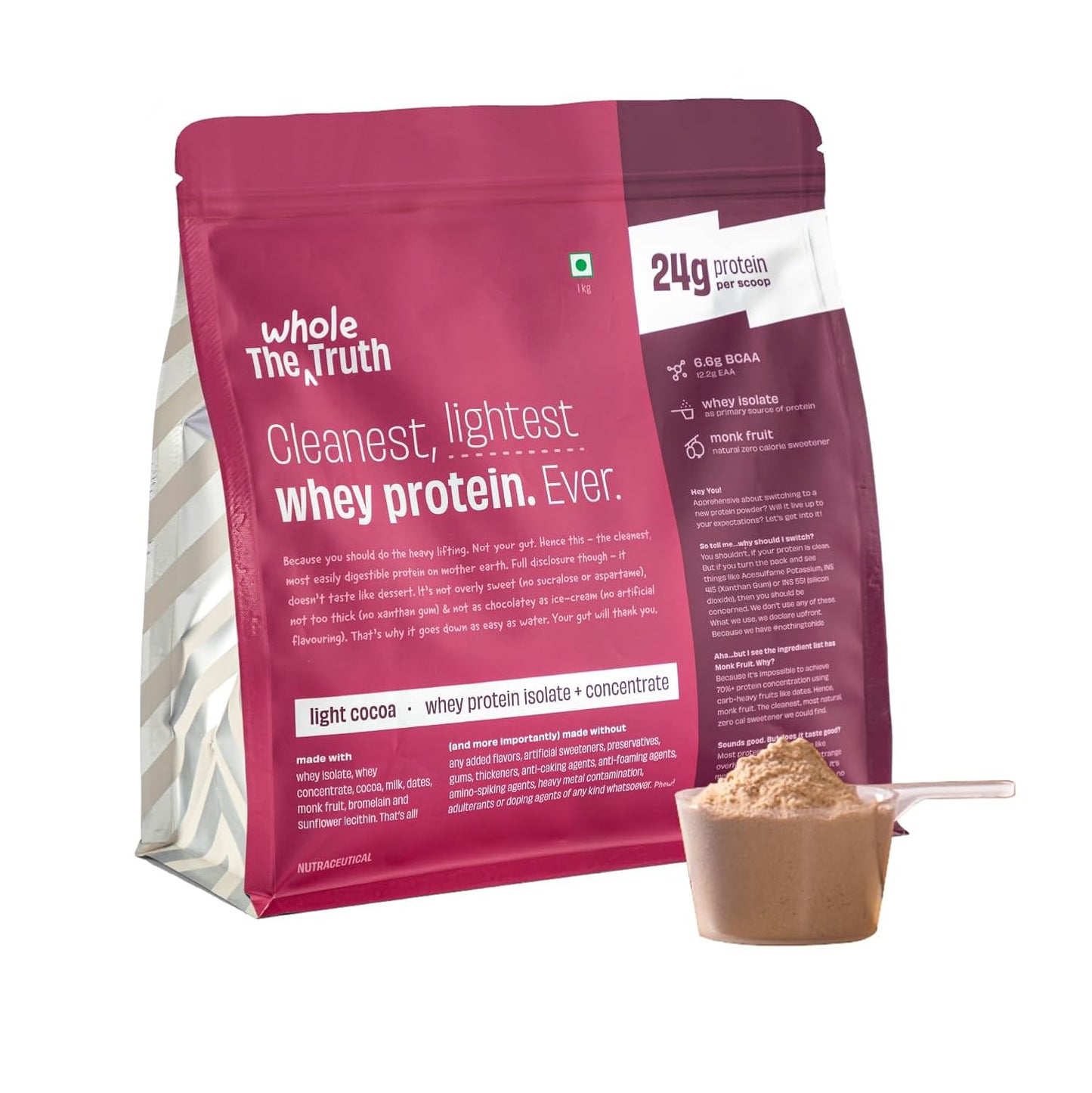 The Whole Truth Whey Protein Isolate + Concentrate 1 kg - 24G Protein - The Whole Truth