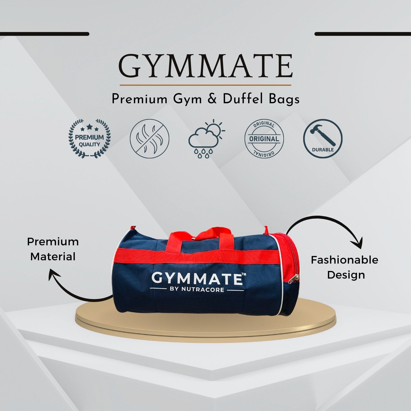 Gymmate Premium Polyester 25cm Gym Bag with Separate Compartment, Blue - GYMMATE