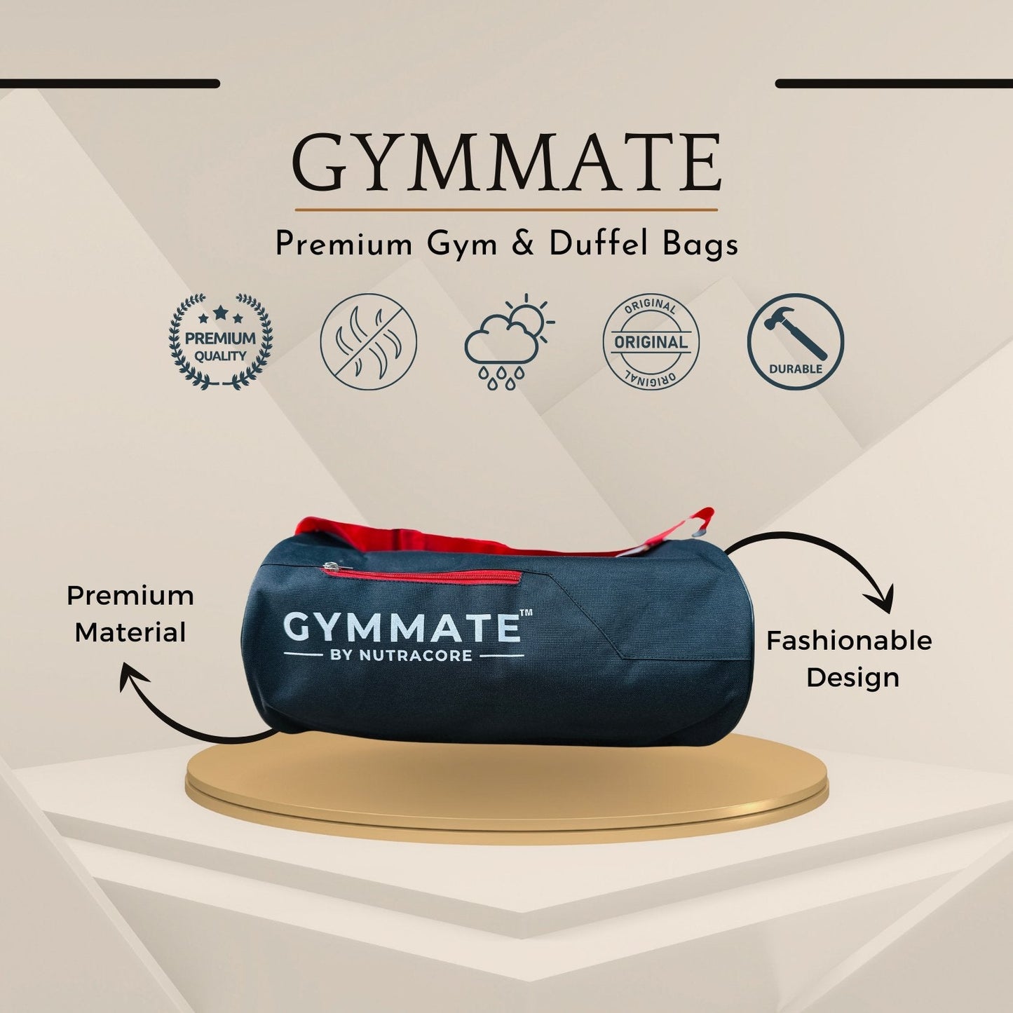 Gymmate Premium Polyester 48cm Gym Bag, Black - GYMMATE