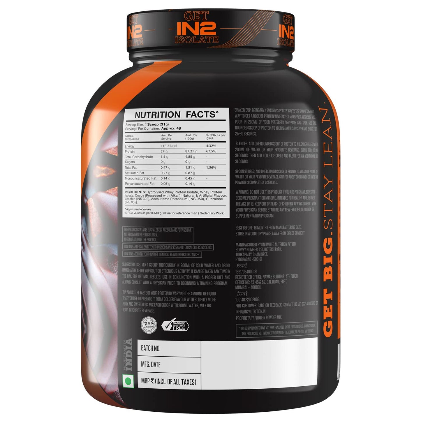 IN2 100% Whey Isolate 1.5 KG, Rich Chocolate - IN2