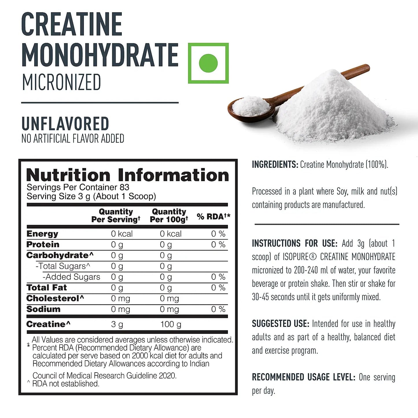 Isopure Creatine Monohydrate Micronized, 250g - 83 servings - Isopure