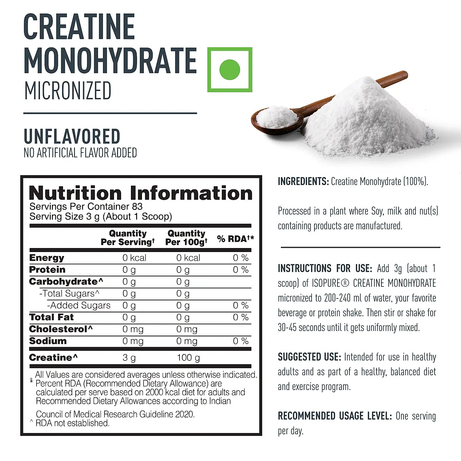 Isopure Creatine Monohydrate Micronized, 250g - 83 servings - Isopure