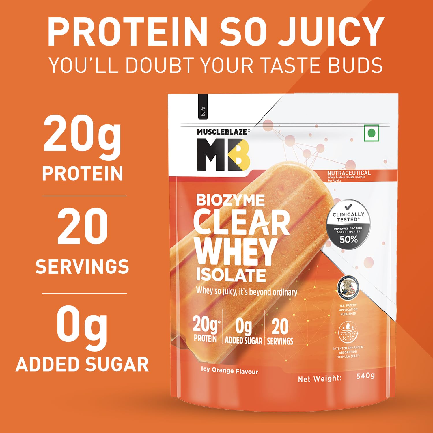 MuscleBlaze Biozyme Clear Whey Isolate, 540 g, Icy Orange - Muscleblaze