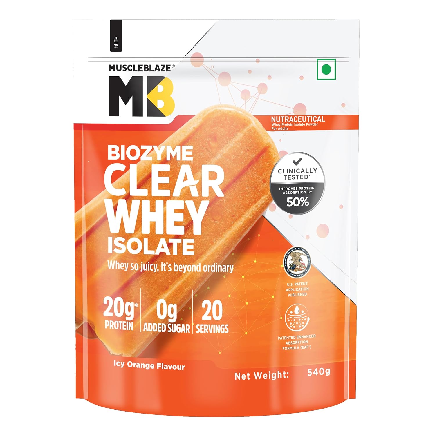 MuscleBlaze Biozyme Clear Whey Isolate, 540 g, Icy Orange - Muscleblaze