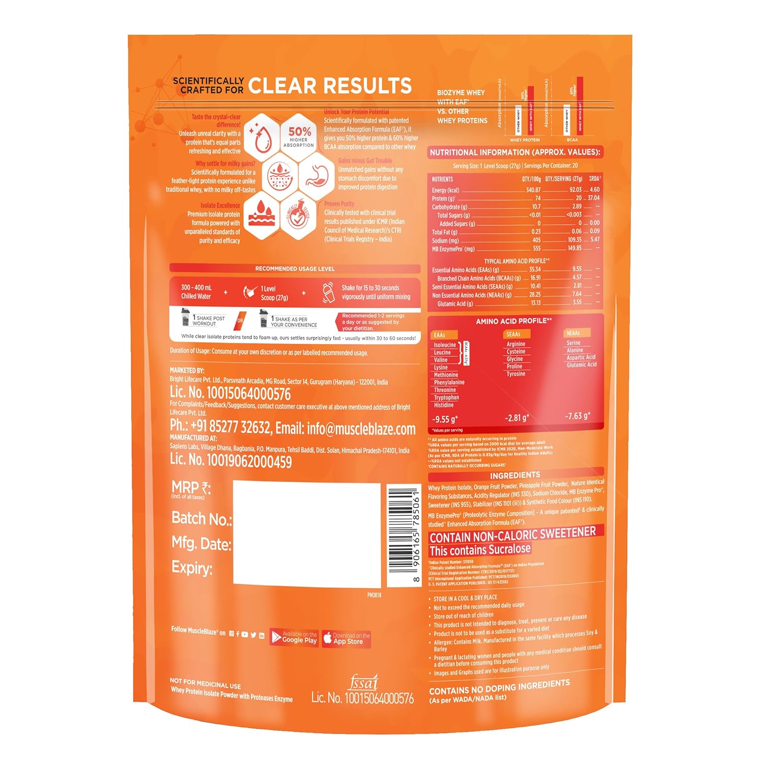 MuscleBlaze Biozyme Clear Whey Isolate, 540 g, Icy Orange - Muscleblaze