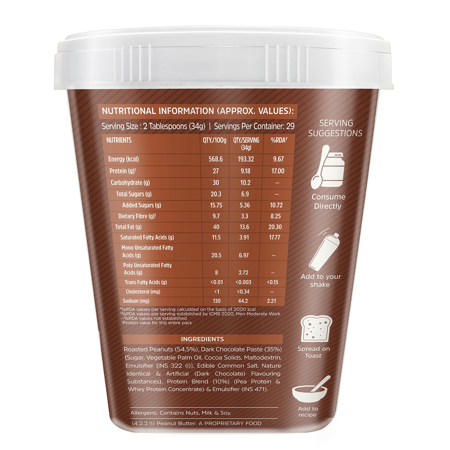 MuscleBlaze High Protein Peanut Butter, 1 kg, Dark Chocolate - Muscleblaze
