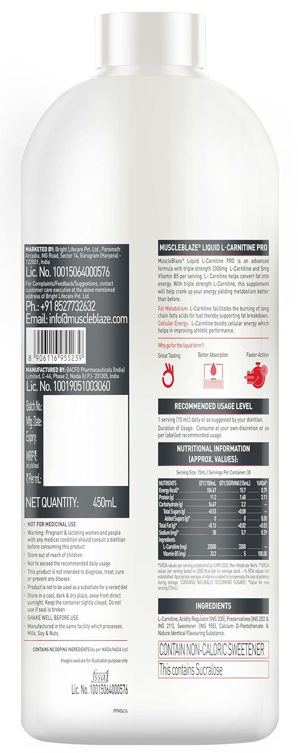 MuscleBlaze Liquid L - Carnitine PRO, 450ml | Triple Strength Formula - NutraCore