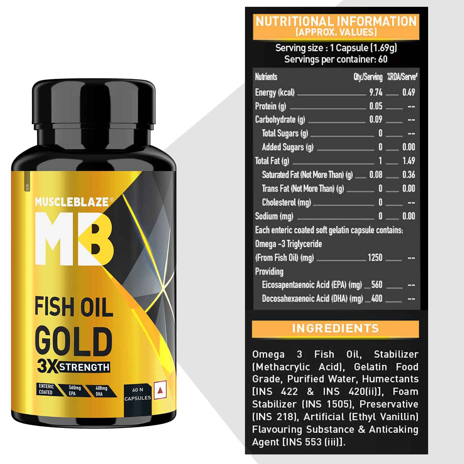 MuscleBlaze Omega 3 Fish Oil Gold 3x Triple Strength (EPA & DHA) - 1300 MG - Muscleblaze