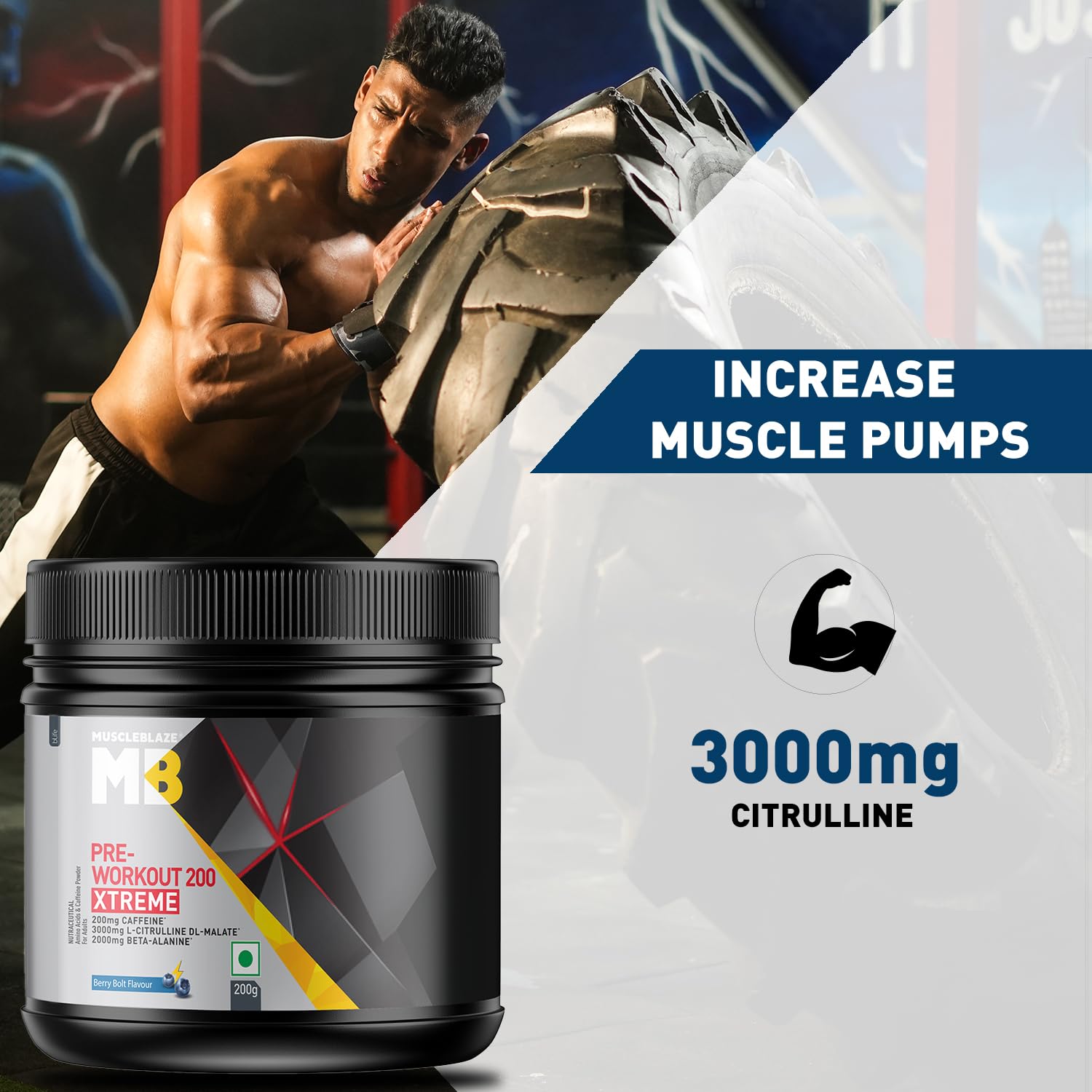 MuscleBlaze Pre Workout 200 Xtreme, Berry Bolt, 60 Servings, 200G - Muscleblaze