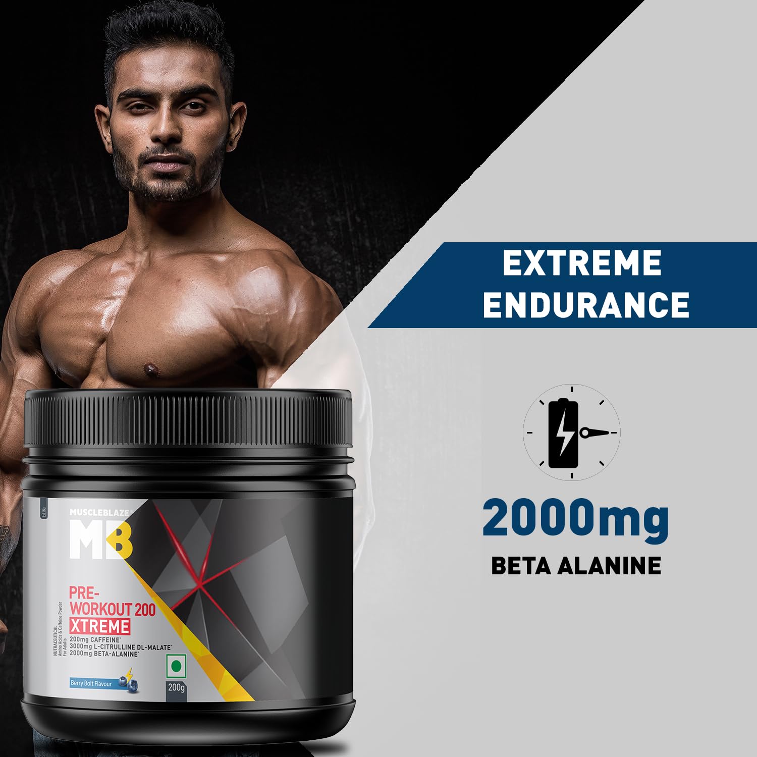 MuscleBlaze Pre Workout 200 Xtreme, Berry Bolt, 60 Servings, 200G - Muscleblaze