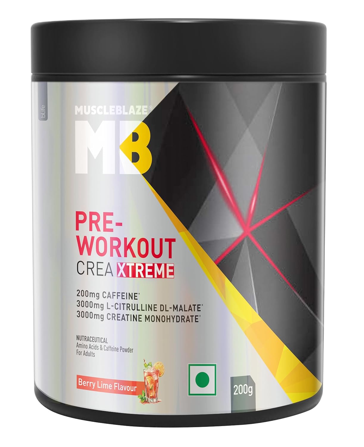 MuscleBlaze Pre Workout Crea - Xtreme (Berry Lime, 200g, 20 Servings) - MuscleBlaze