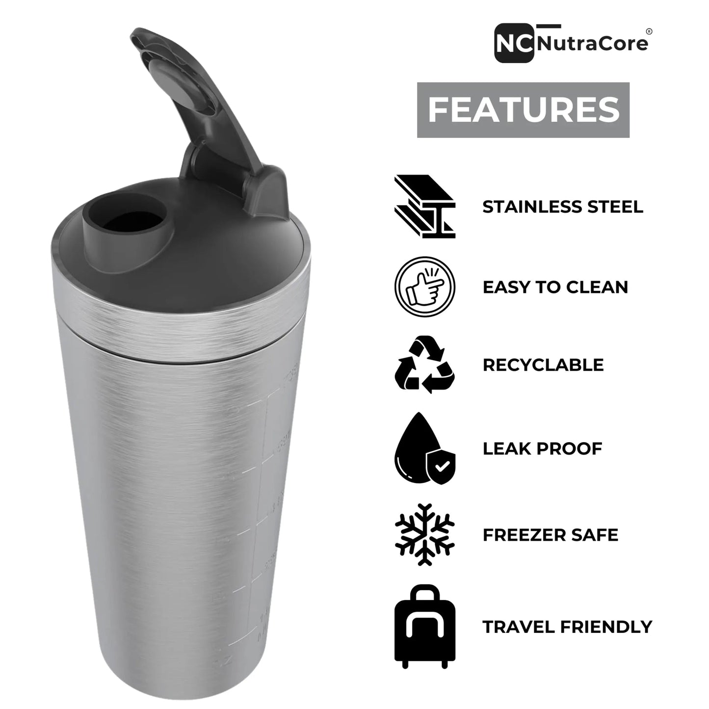 NutraCore Stainless Steel Shaker – 750 ml - Grey - NutraCore