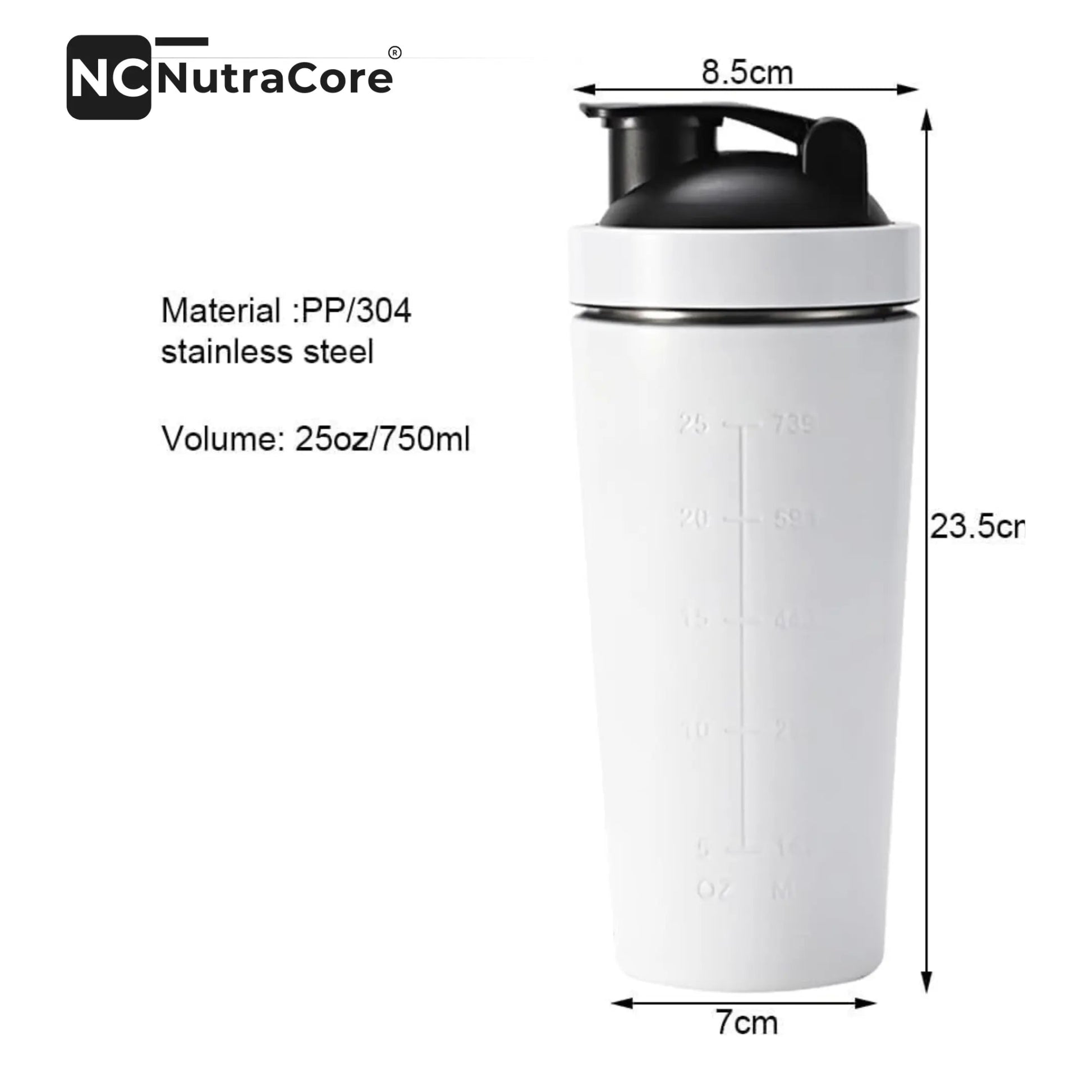 NutraCore Stainless Steel Shaker – 750 ml - White - NutraCore