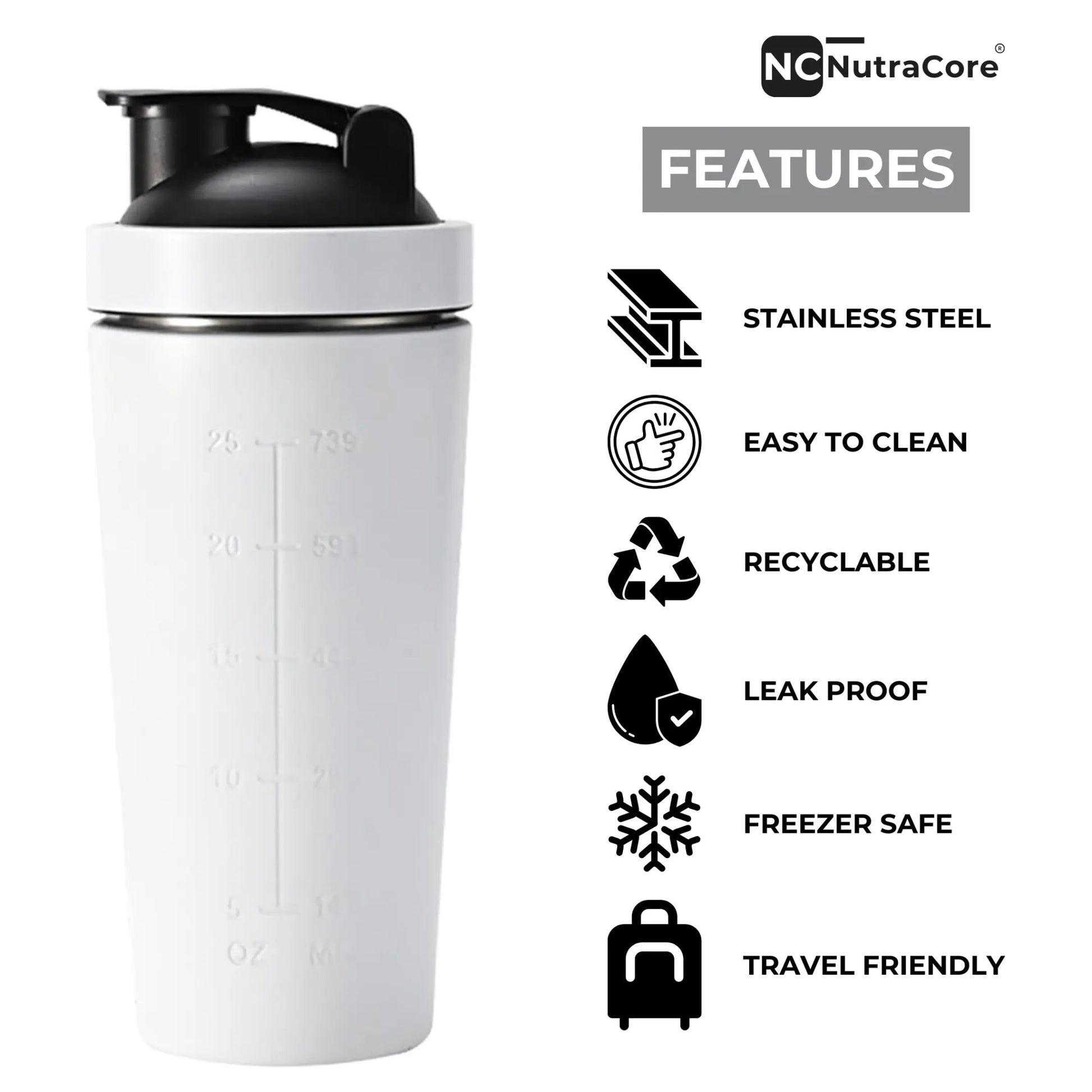 NutraCore Stainless Steel Shaker – 750 ml - White - NutraCore