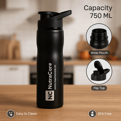 NutraCore® Stainless Steel Sipper Bottle 750ML – Gym, Office & Travel Use - NutraCore