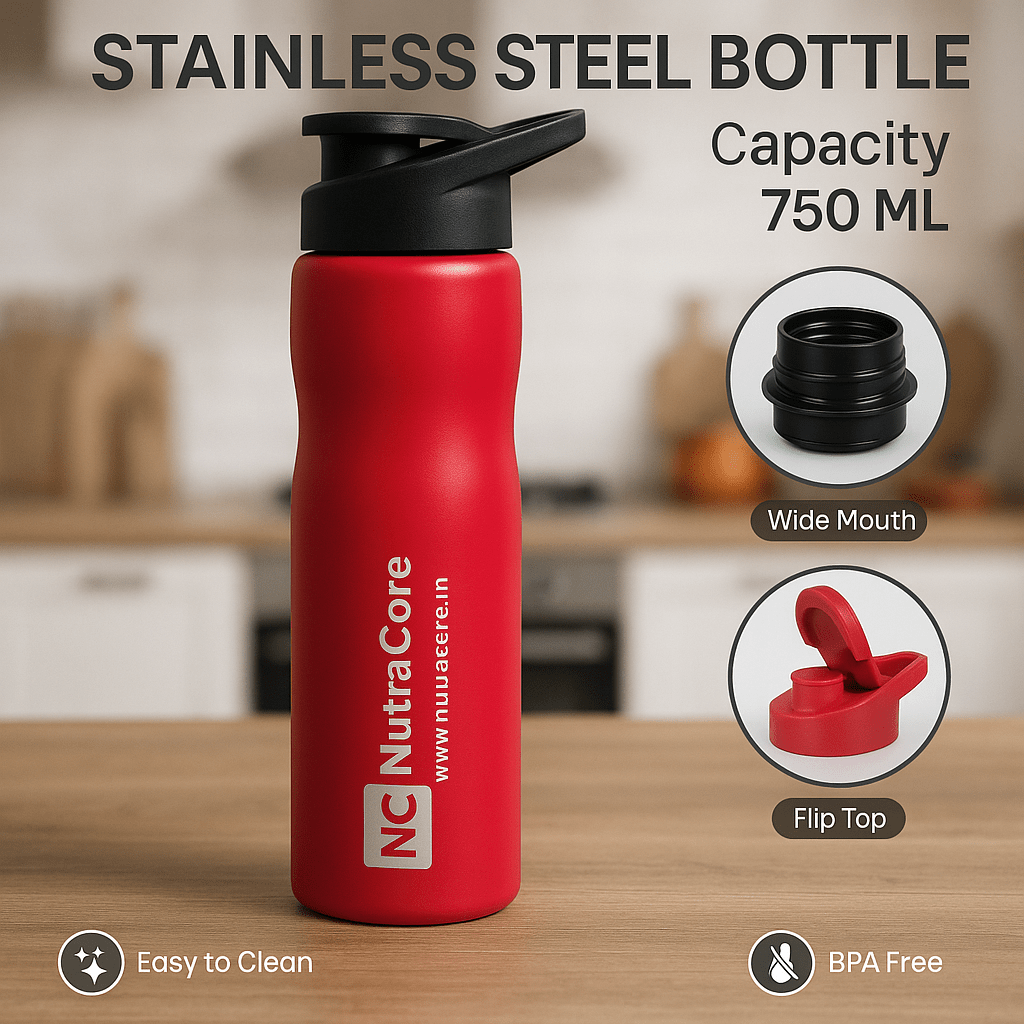 NutraCore® Stainless Steel Sipper Bottle 750ML – Gym, Office & Travel Use - NutraCore