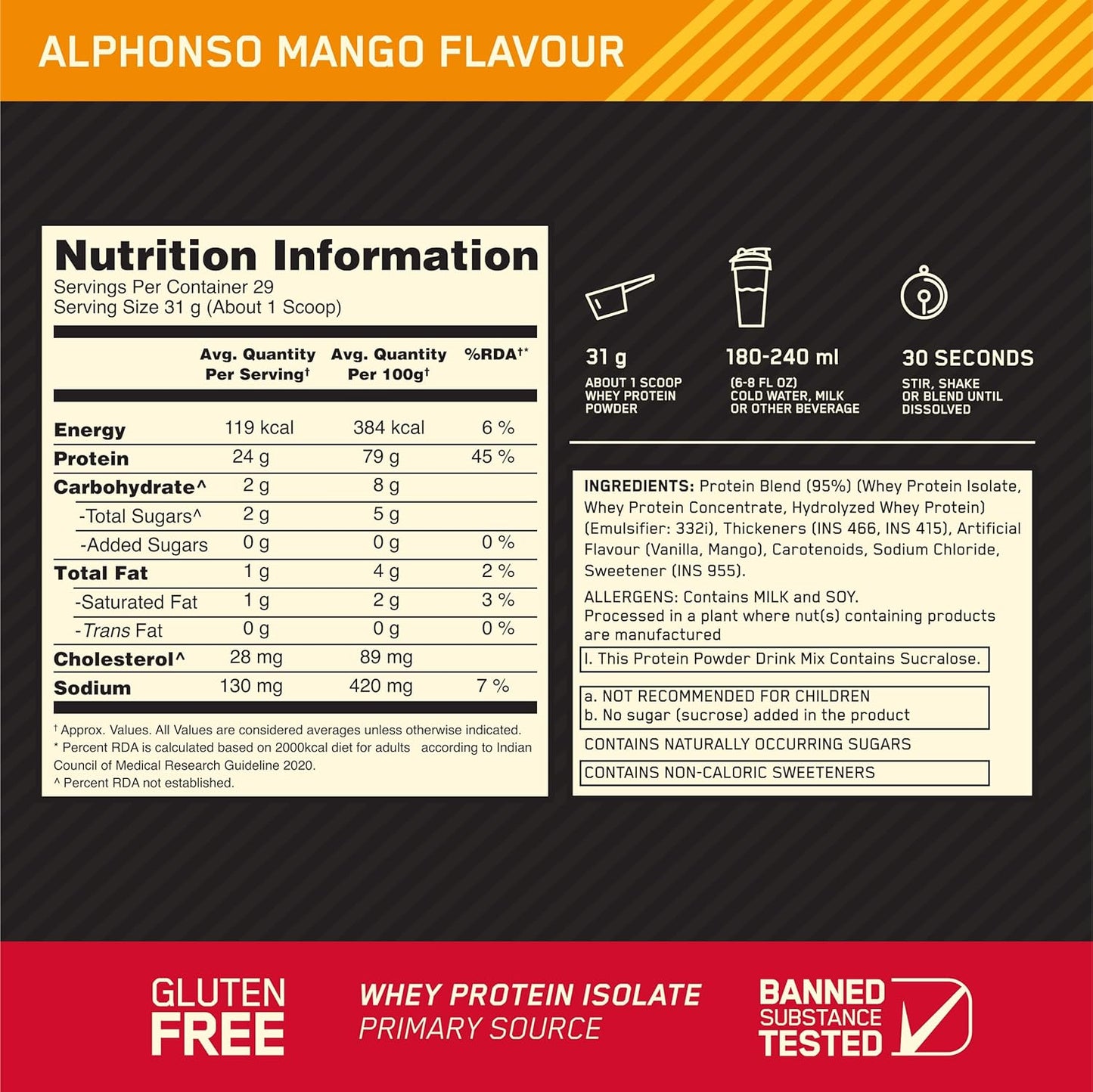 ON Gold Standard 100% Whey Protein, 2Lbs, Alphonso Mango - Optimum Nutrition