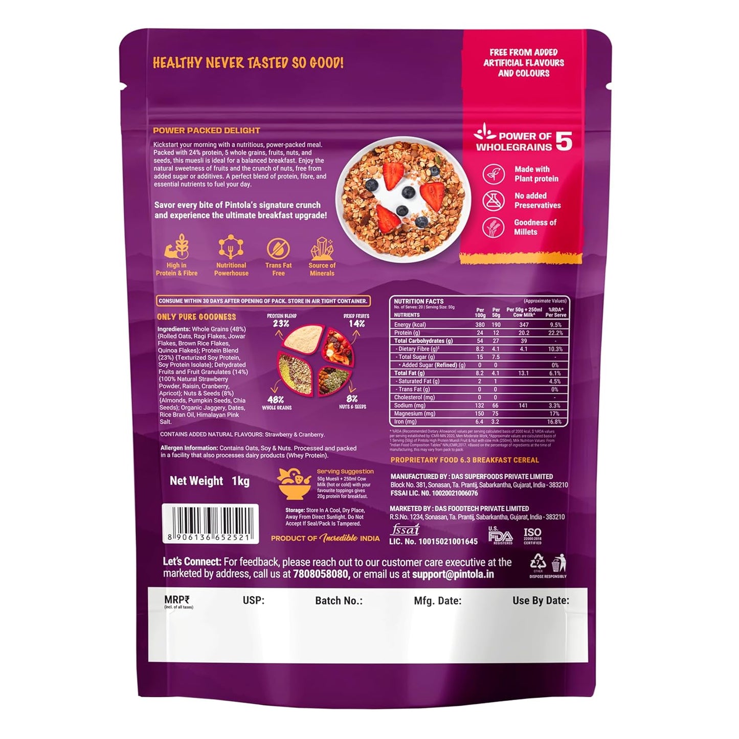 Pintola 24g High Protein Muesli, Fruit & Nut, 1kg - Pintola