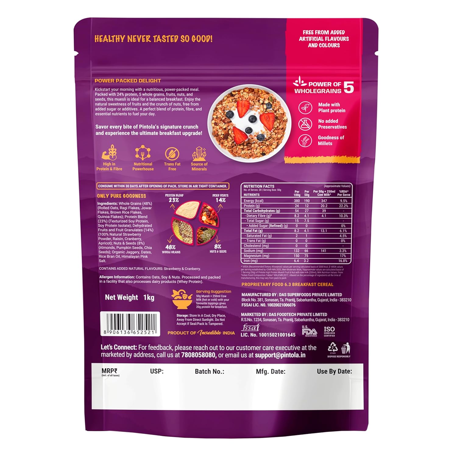 Pintola 24g High Protein Muesli, Fruit & Nut, 1kg - Pintola