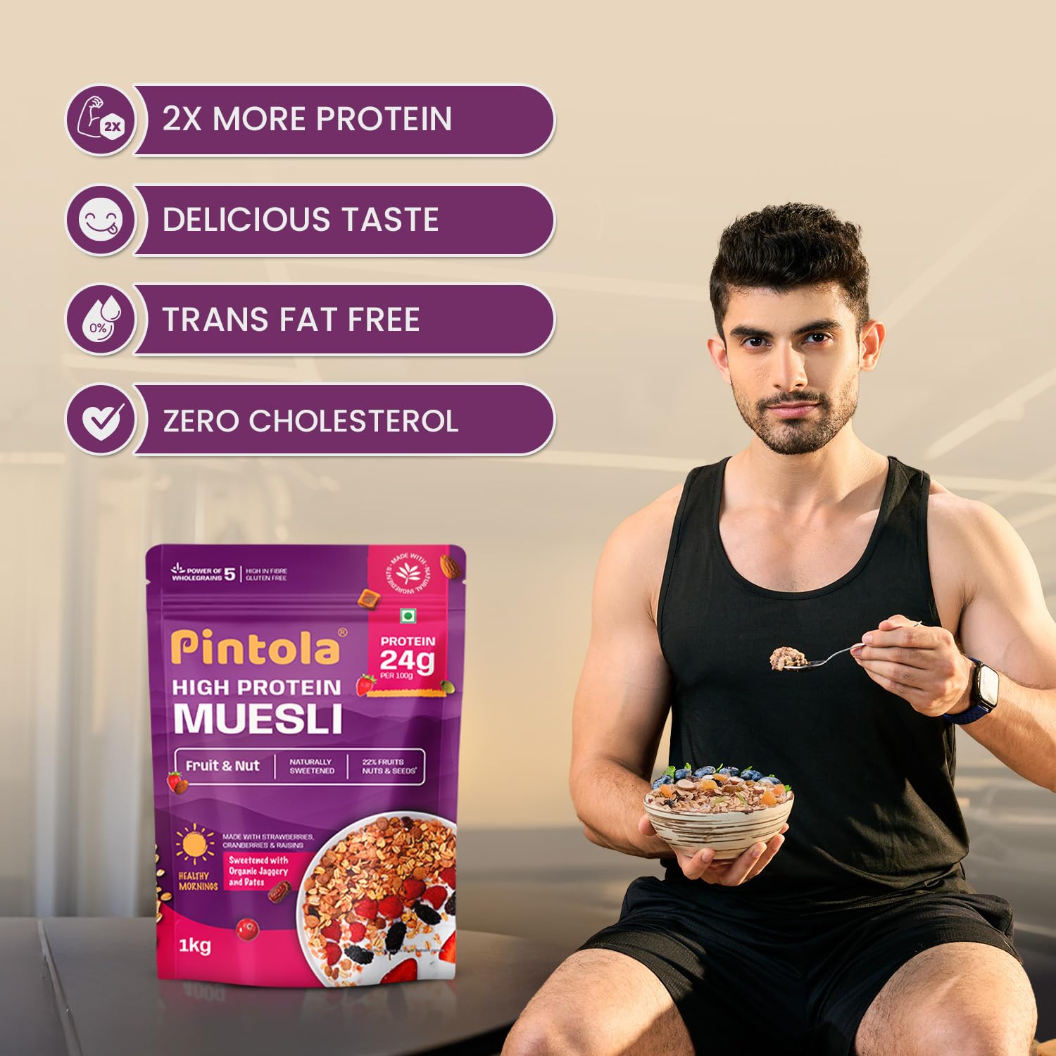 Pintola 24g High Protein Muesli, Fruit & Nut, 1kg - Pintola