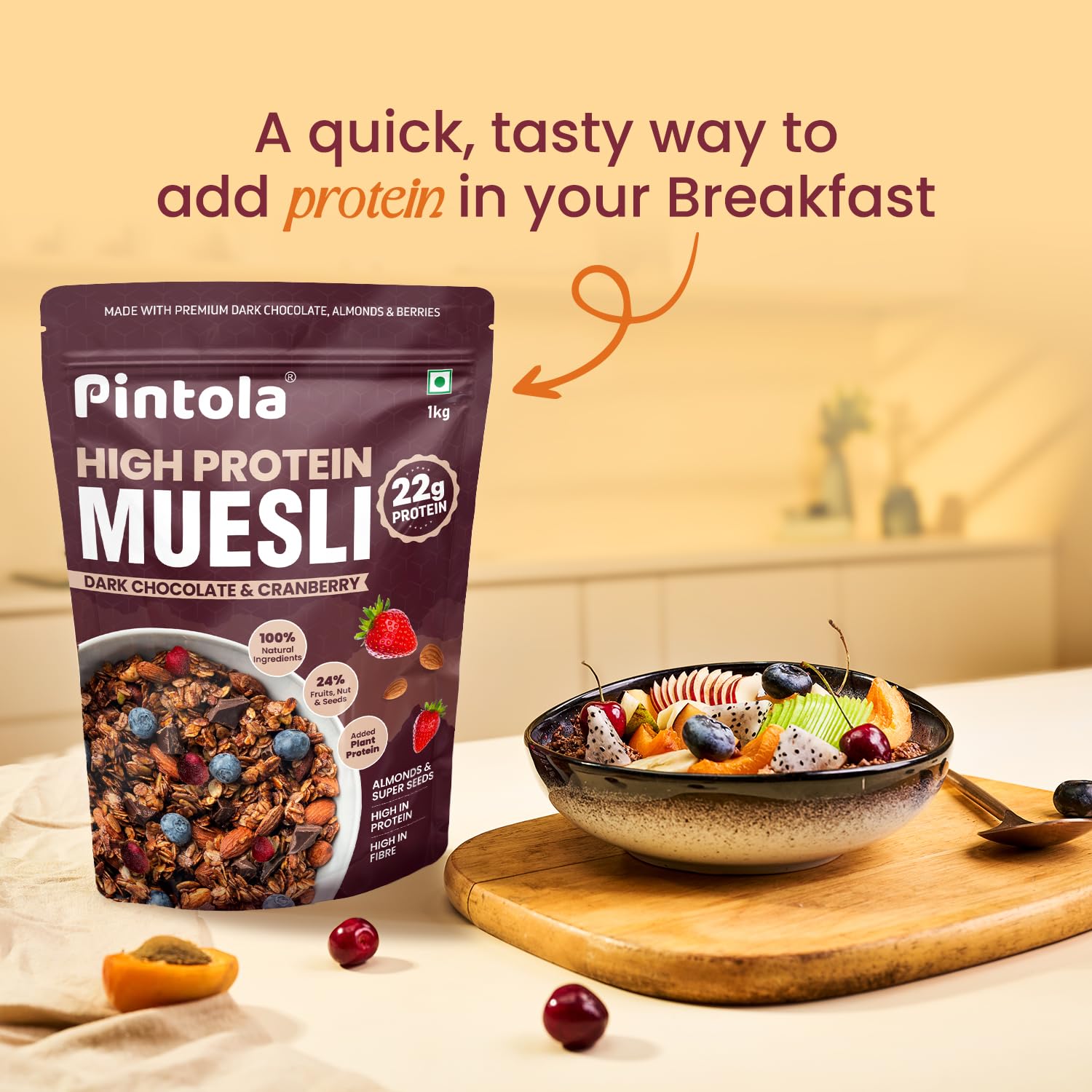 Pintola High Protein Muesli Dark Chocolate Cranberry 1kg, 22g Protein - Pintola