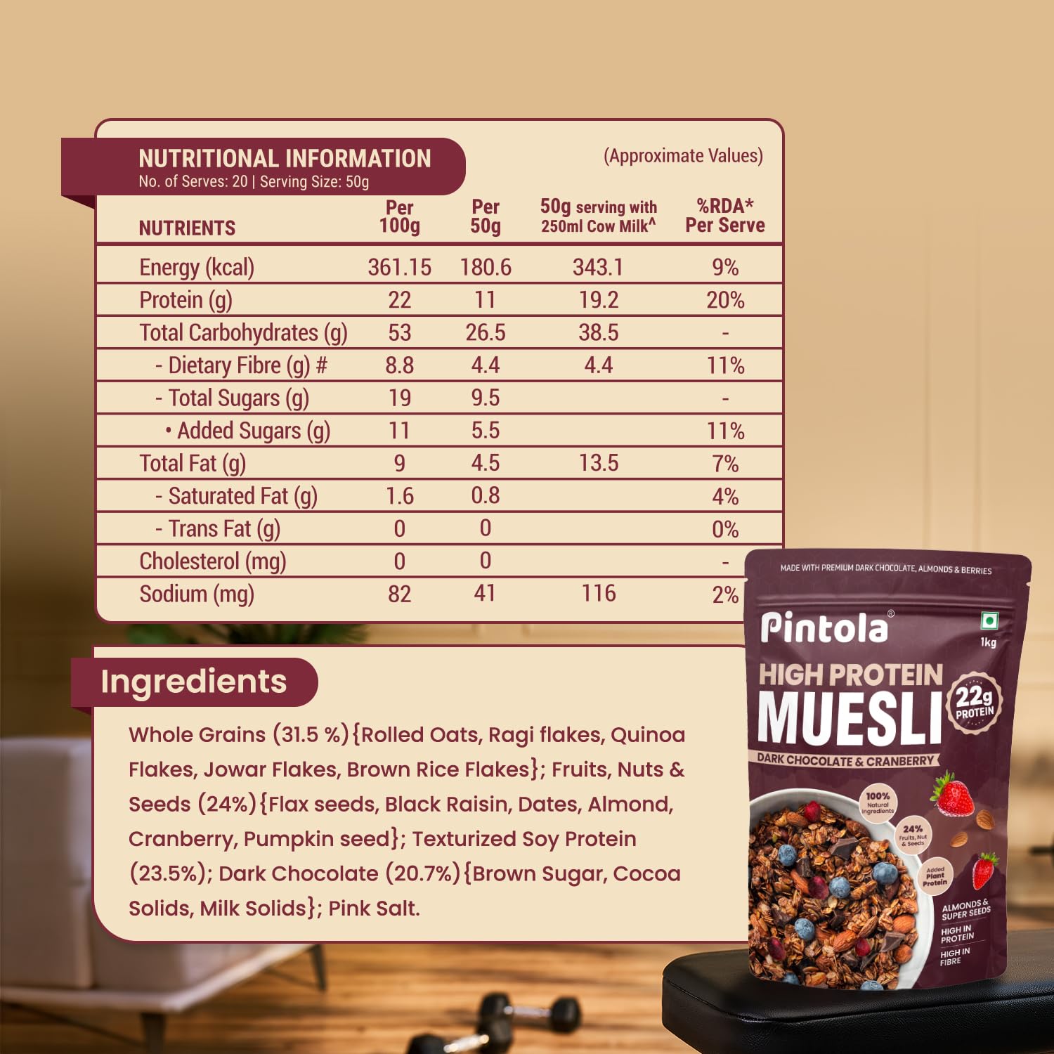 Pintola High Protein Muesli Dark Chocolate Cranberry 1kg, 22g Protein - Pintola