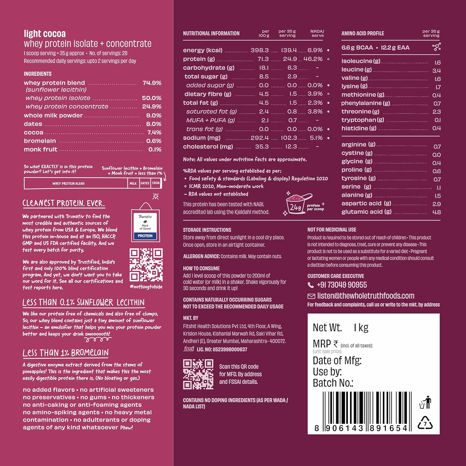 The Whole Truth Whey Protein Isolate + Concentrate 1 kg - 24G Protein - The Whole Truth